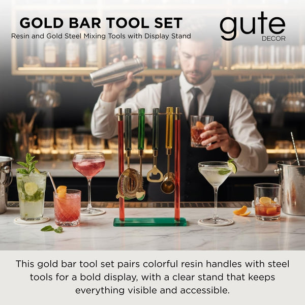 5-Piece Gold Bartender Kit with Stand. Stainless Steel Bar Tool Set, Colorful Handles. Includes Jigger, Strainer, Spoon, Bottle Opener Luxury Home Bar Cart Accessories, Cocktail Decor & Mixer Gift Set