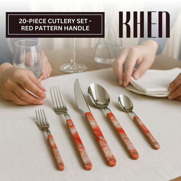 Khen 20-Piece Cutlery Set with Dinner Knives, Forks, Spoons, Salad Forks & Teaspoons – Durable and Dishwasher Safe Utensil Set for Home, Kitchen, Weddings & Occasions - Blush Storm Pattern Handle