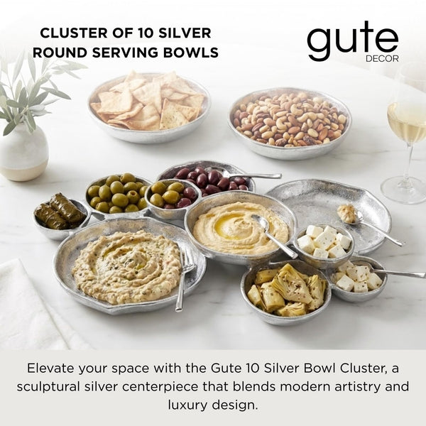 Cluster of 10 Round Serving Bowls Silver Clusters Decorative Elegant Snack Tray for Olives, Chip & Dip, Nuts, Appetizers & Entertaining Strong Brass & Enamel Home Decor Gifts, Parties & Weddings 20.5