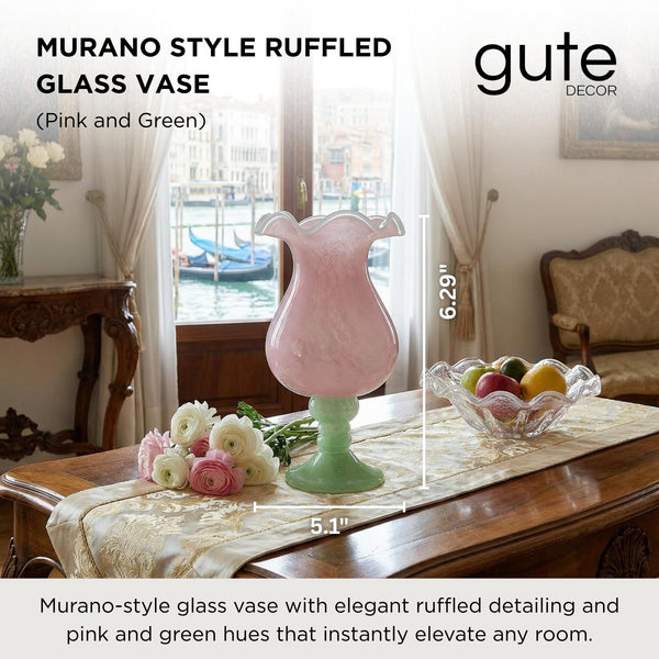 Sunrise Blush Murano Style Ruffled Glass Vase: Pink and Green Art Glass