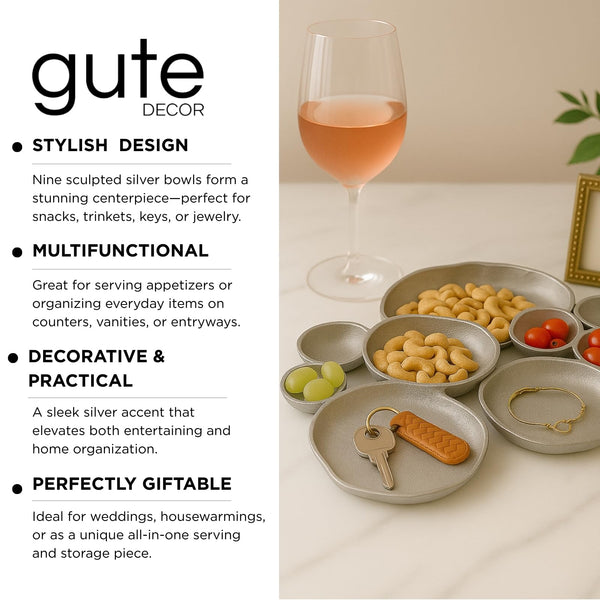GUTE Cluster Decorative Bowls, Bright Silver Brass - Decoration, Snack Tray Bowl, Chip and Dip Strong Brass Beautiful Room Accent, Perfect for Entertaining, Parties, Home & Wedding Gifts 22
