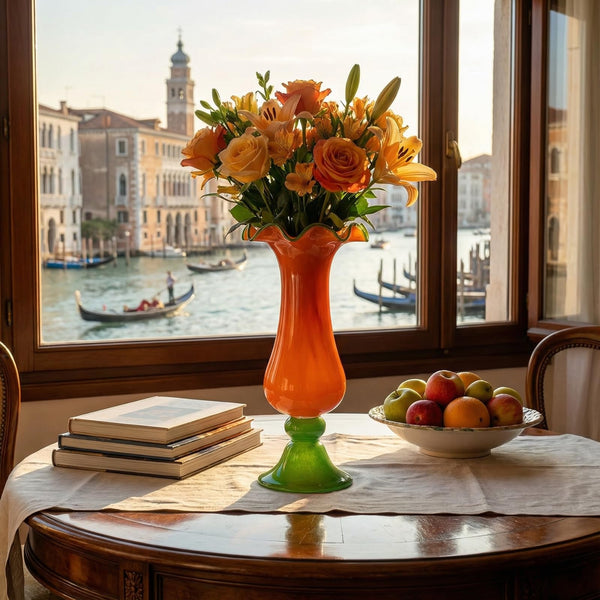 Sunset Bloom Murano Style Ruffled Glass Vase - Single Piece Orange & Green
