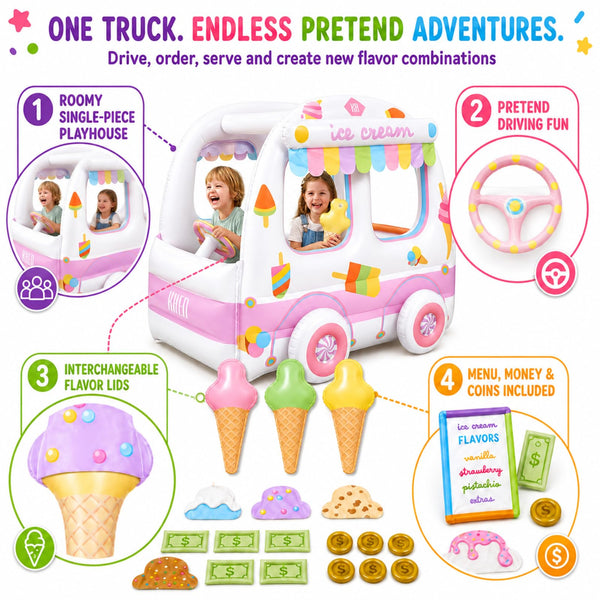 Inflatable Ice Cream Truck Playhouse, Large Shop Vehicle Playset for Kids