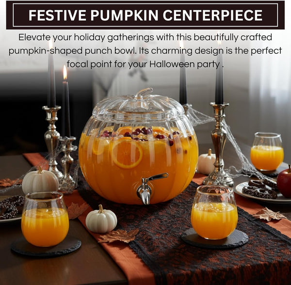 Glass Pumpkin Drink Dispenser 2 Gallon | Fall, Halloween & Thanksgiving Party Beverage Server with Spigot | Clear Pumpkin Punch Bowl for Autumn Events, Kitchen Bar & Holiday Drink Station Decor Gift