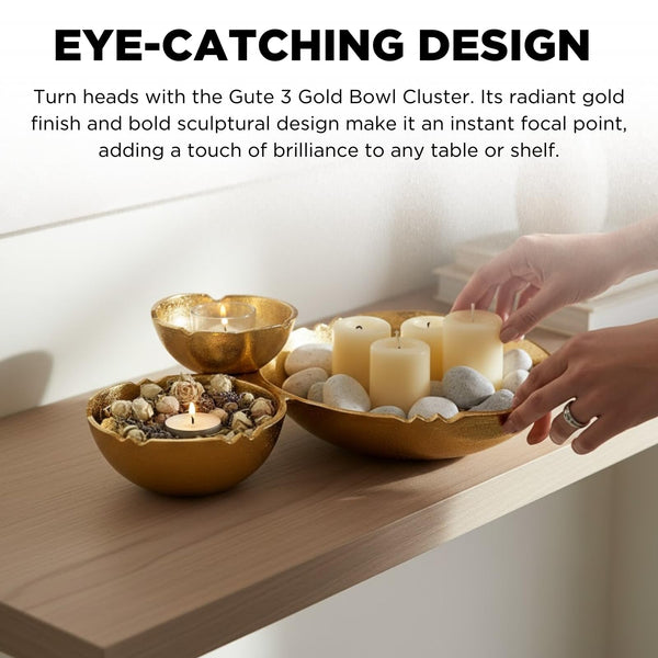 3 Cluster Decorative Bowls Bright Gold Brass Snack Tray Bowl Chip & Dip Serving Piece Strong Centerpiece Beautiful Room Accent & Entertaining Parties Home Decor Wedding Gifts 14.6 Inch Decorative Gift