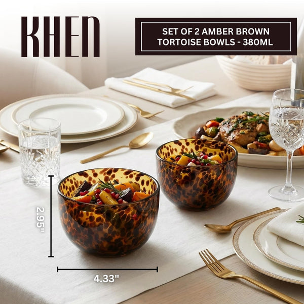 Amber Tortoise Shell Glass Bowls Set of 2 | 4.3” - 12.8oz Leopard Print