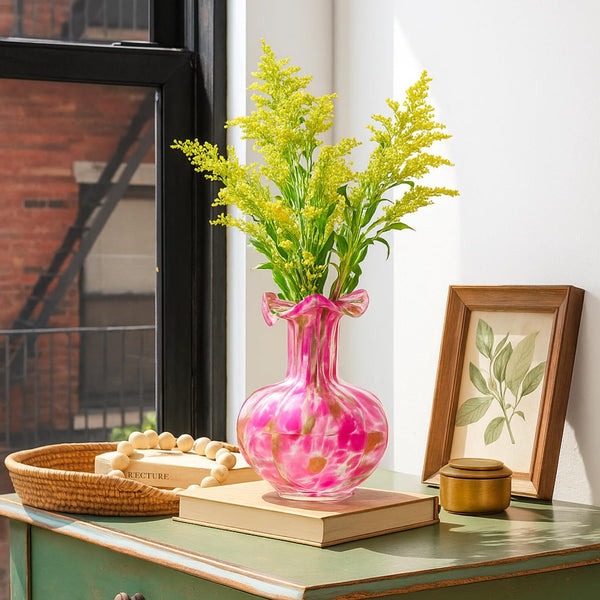 Blush Petal Small Hand‑Blown Glass Flower Vase Décor  – 7″ 
