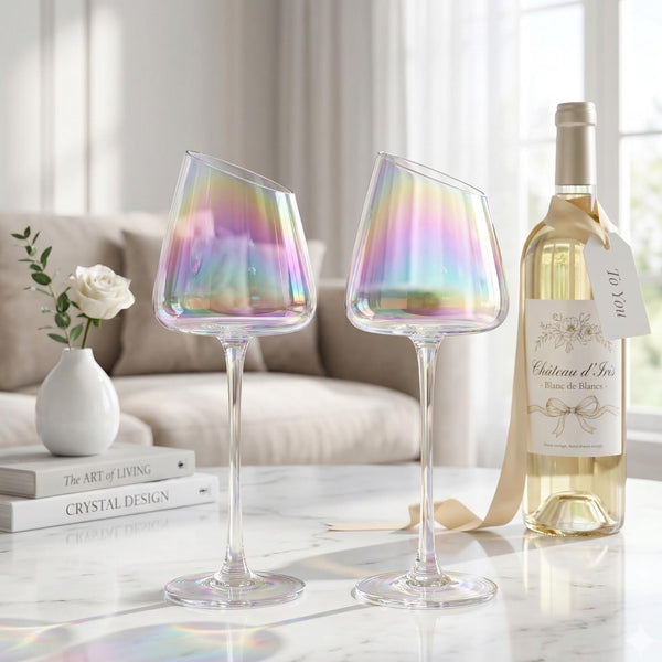 Slanted Iridescent Wine Glass, Clear Glass Angled Rainbow