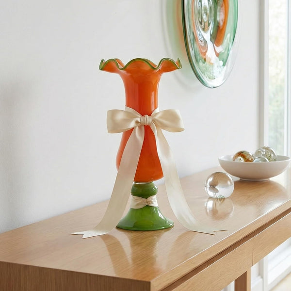 Sunset Bloom Murano Style Ruffled Glass Vase - Single Piece Orange & Green