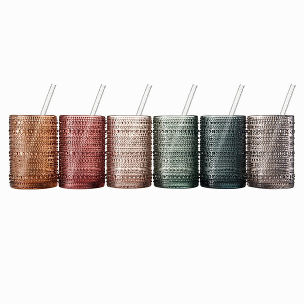 Khen Hobnail Drinking Glasses with Straws | Muted Colors | Set of 6
