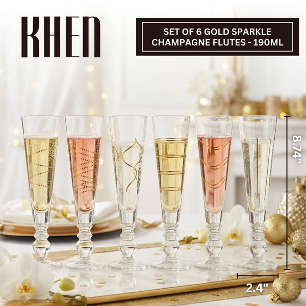 Gold Sparkle Champagne Flutes, Set of 6, Tall 6.4oz 8.74