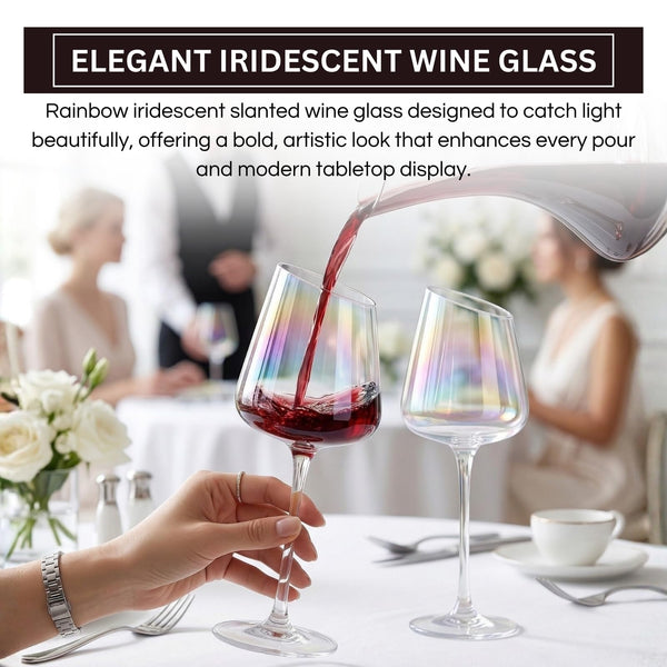 Slanted Iridescent Wine Glass, Clear Glass Angled Rainbow