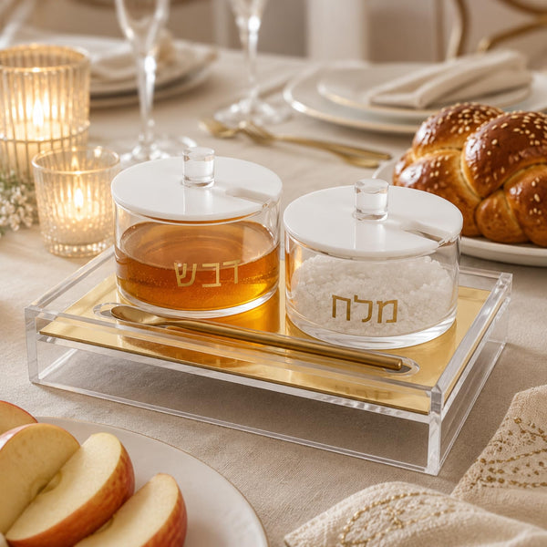 Rosh Hashanah Honey And Salt Dish Set Lids Spoon Clear Acrylic Judaica