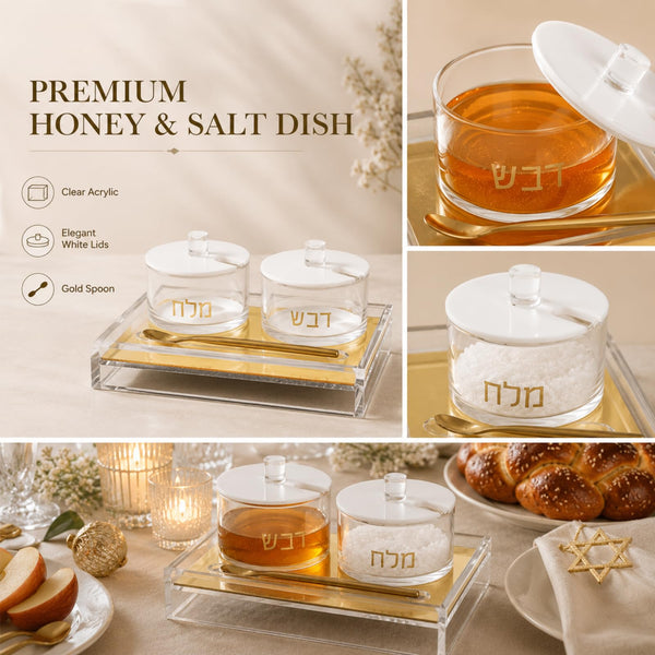 Rosh Hashanah Honey And Salt Dish Set Lids Spoon Clear Acrylic Judaica