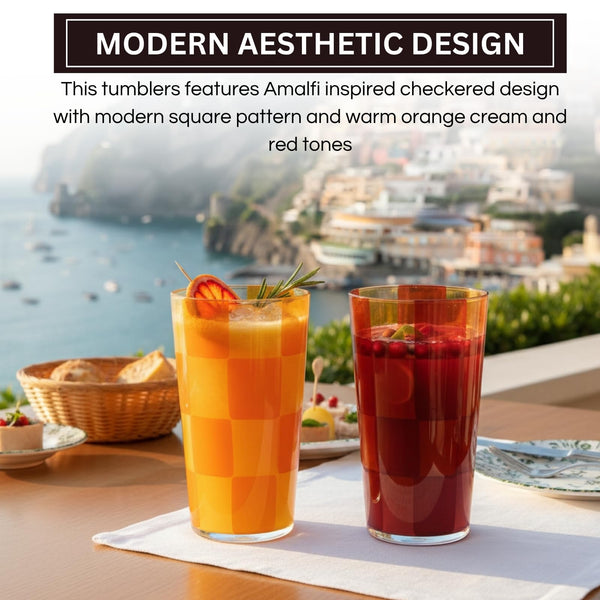 Amalfi Italian Checkered Tumblers 2 Piece Set 13oz Orange & Cream