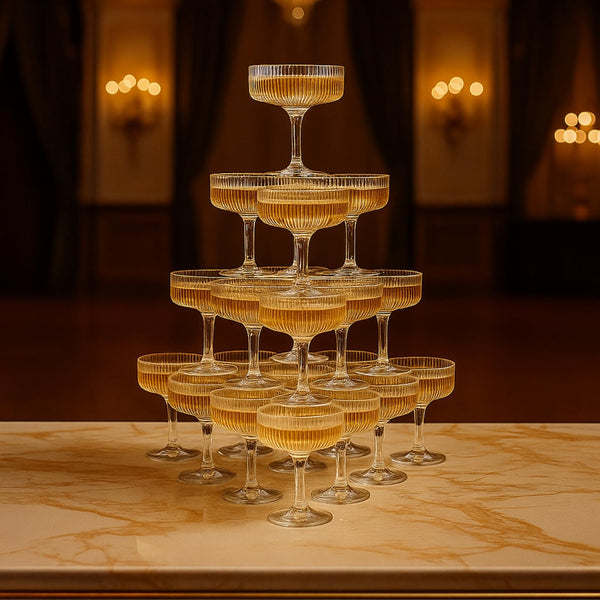 Glass Champagne Tower Set of 20 Crystal Coupes – 7oz Clear Stackable Coupe Glasses for Building Champagne Fountains at Weddings, Parties, Events, & Celebrations – Elegant Toasting Cups for Displays