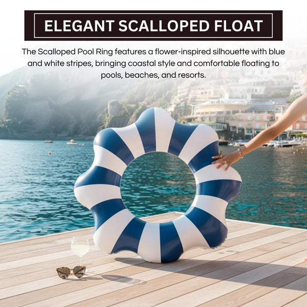 Amalfi Scalloped Pool Float Ring, 1 Piece, Blue & White Inflatable Swim Tube