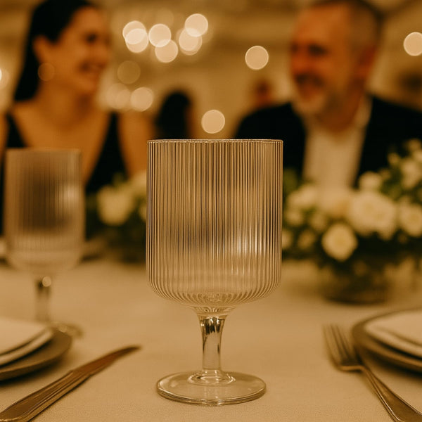 Khen Textured Clear Glass Ribbed Modern Elegant Wine Goblets for Red White Rosé Beverages | Set of 2 | Tall Ripple Stemware Drinkware Cups | Minimalist Durable Aesthetic Table Kitchen Bar Party Use