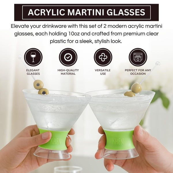 Khen Cooling Martini Glasses – Double-Wall Insulated 10 oz Cocktail Glasses with Frosted Base – BPA-Free, Shatterproof, Reusable Drinkware for Parties & Home Bars - Set of 2