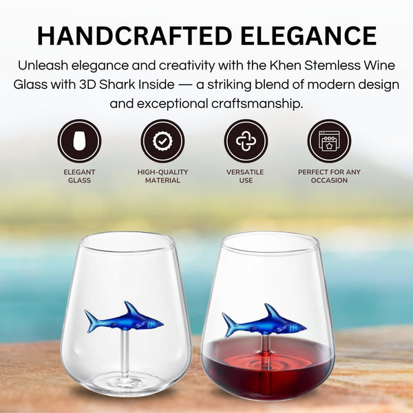 Handcrafted Stemless Shark Wine Glass - Personalized Set of 2 with 3D Sharks Inside - Red Wine Glasses - Unique Shark Lover Gifts - Ideal for Parties, Birthdays, Weddings - 10.05 oz Capacity (Blue)