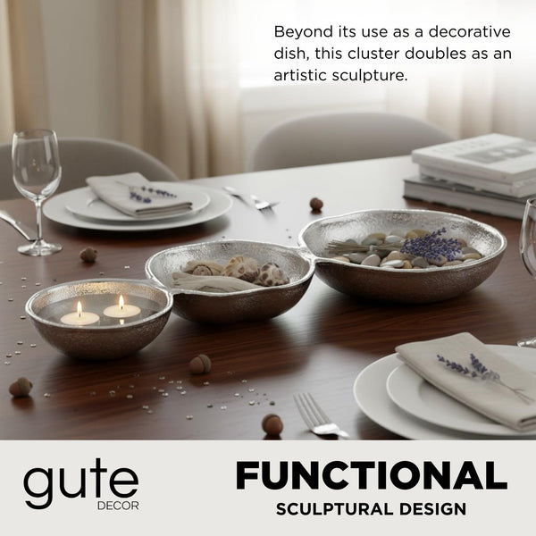 3 Cluster Decorative Bowls Bright Silver Snack Tray Bowl Chip & Dip Serving Piece Strong Brass Centerpiece Beautiful Room Accent & Entertaining Parties Home Decor Wedding Gifts 14 Inch Decorative Gift