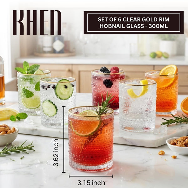 Clear Gold Rim Hobnail Glass Set, 6 Piece 10oz Transparent
