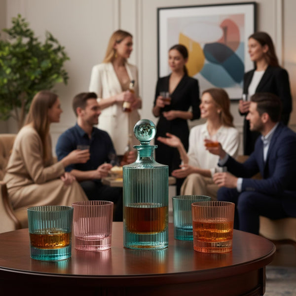 Khen Ribbed Decanter Set with 4 Glasses – Whiskey Bourbon Scotch Cocktail Drinkware | 5-Piece Muted Toned Glassware Collection | European Inspired Durable Barware Gift Elegant Home Bar 27oz 10oz