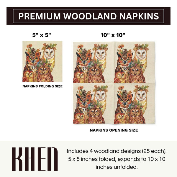 Khen Woodland Napkins, 100 Pack 4 Designs, 5