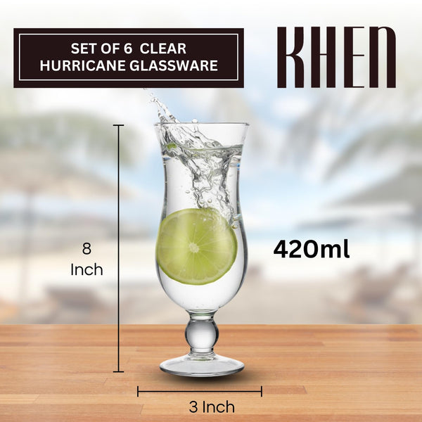 Hurricane Glassware Set of 6, Clear Glass Drinkware for Cocktails Smoothies Iced Tea Water, Premium Transparent Barware Serving Cups Home Kitchen Restaurant Use, Ideal for Parties Events Entertaining
