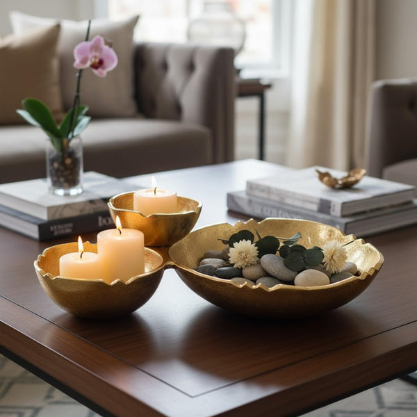 3 Cluster Decorative Bowls Bright Gold Brass Snack Tray Bowl Chip & Dip Serving Piece Strong Centerpiece Beautiful Room Accent & Entertaining Parties Home Decor Wedding Gifts 14.6 Inch Decorative Gift