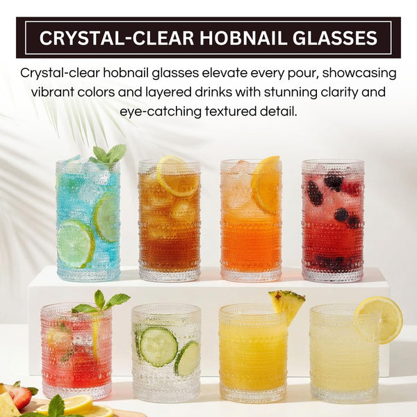 Vintage Hobnail Drinking Glasses Set of 8, 12 oz Highball Glasses & 10 oz Cocktail Glasses Set