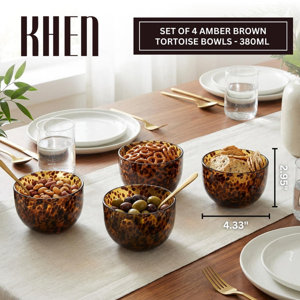 Amber Tortoise Shell Glass Bowls Set of 4 | 4.3” - 12.8oz