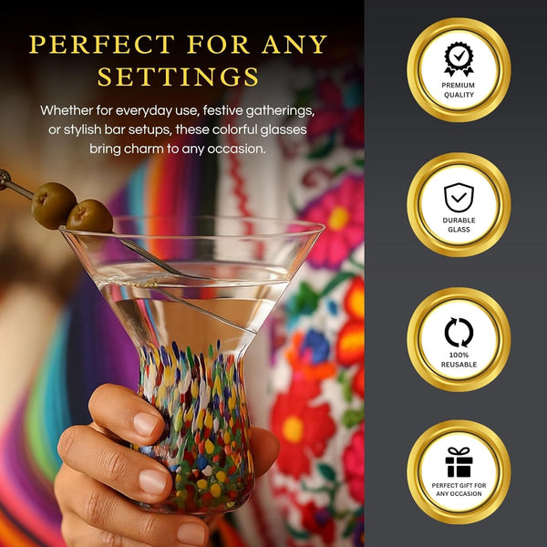 The Wine Savant Stemless Martini Glasses Hand Blown Mexican Confetti Design Colorful Glass Drinkware - Set of 2 Clear