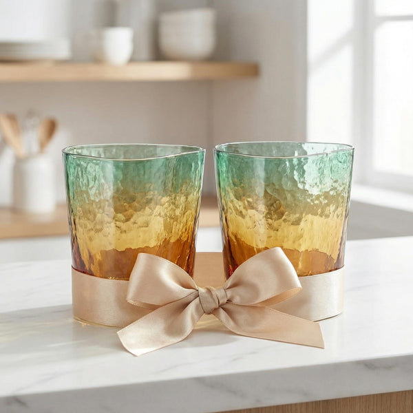 Gold and Teal Hammered Lowball Tumbler, DOF Glasses, 2 Set, 12.5oz