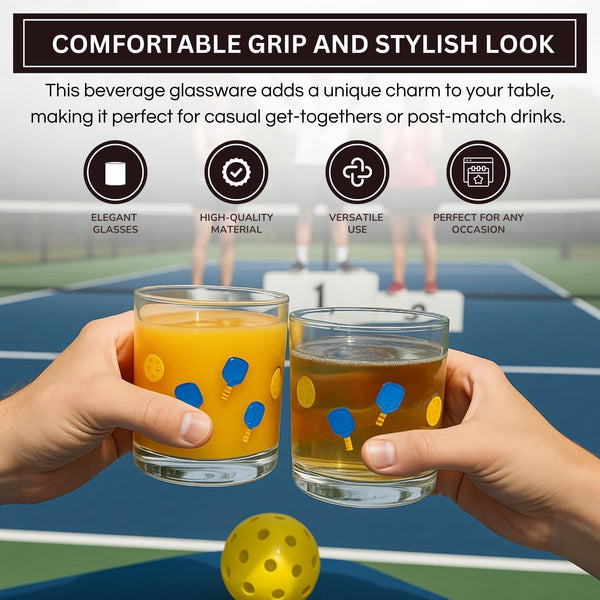 Khen Set of 2 Pickleball Paddle Icon Juice Glass Athletic Sports Cup 14.8oz Clear Stemless Cocktail Tumbler Leisure Game Night Barware Outdoor Indoor Party Recreation Gift for Player Enthusiast