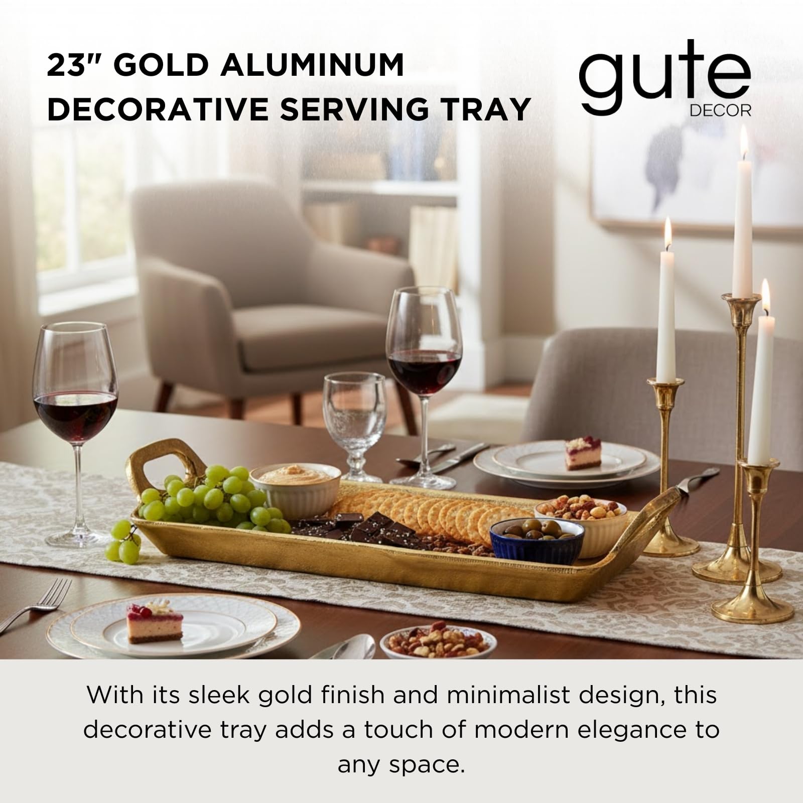Large Brass Gold Decorative Tray with Handles, 24