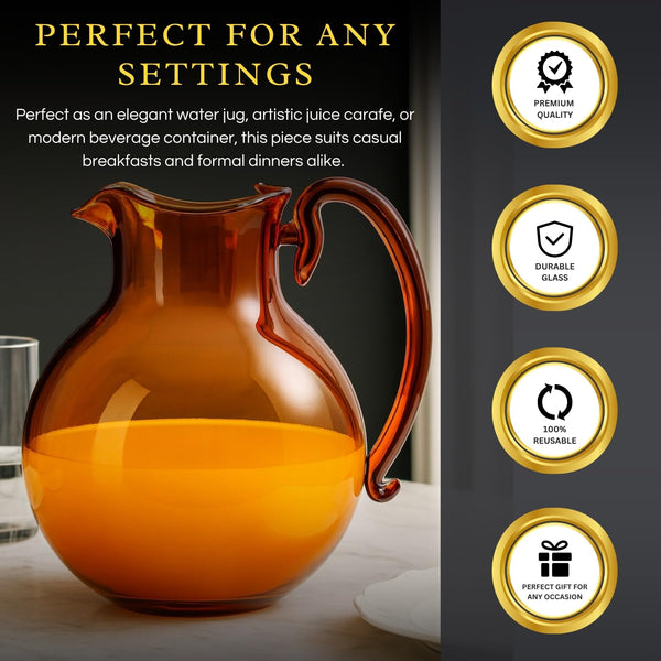 talian Design Amber Glass Jug Mouth-Blown Venetian Pitcher 750ml Handmade Murano-Inspired Carafe with Organic Wave Silhouette, Elegant Amber Tone Table Décor & Functional Art Glass for Dining Display