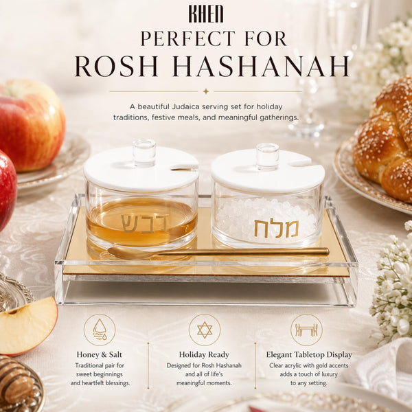 Rosh Hashanah Honey And Salt Dish Set Lids Spoon Clear Acrylic Judaica