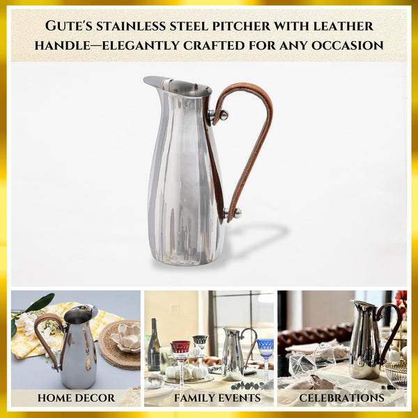 Stainless Steel Silver Water Pitcher Carafe with Leather Handle 10