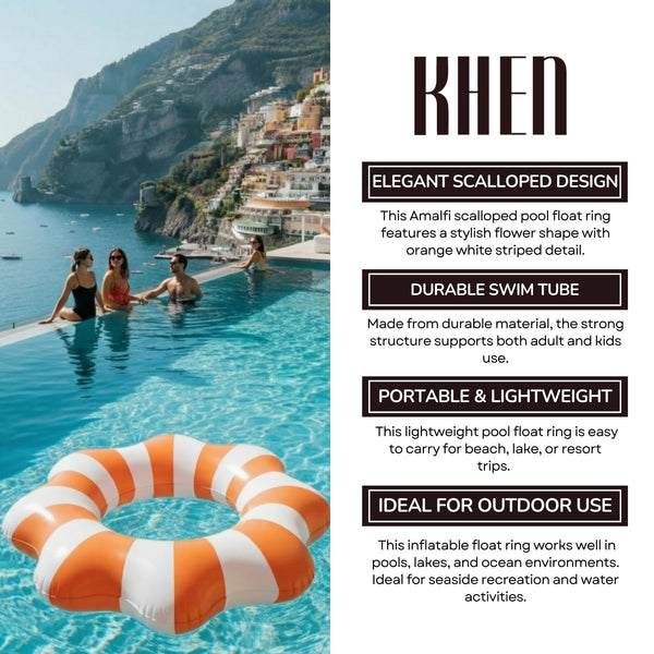 Amalfi Scalloped Pool Float Ring, 1 Piece, Orange & White Inflatable Swim Tube
