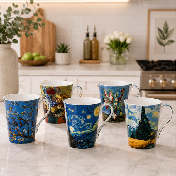 Van Gogh Bone China Set of 5 Large Mugs for Coffee and Tea, With Gift Box, 12