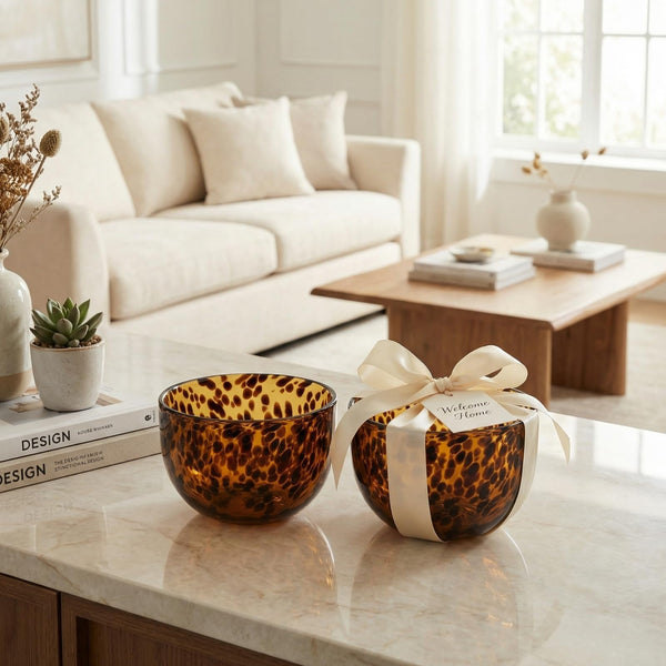 Amber Tortoise Shell Glass Bowls Set of 2 | 4.3” - 12.8oz Leopard Print