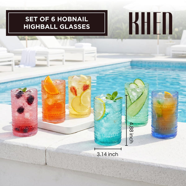 Khen Hobnail Beaded Highball Drinking Tumbler Glasses | Set of 6