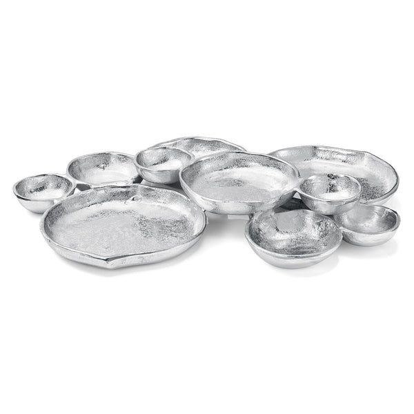 Cluster of 10 Round Serving Bowls Silver Clusters Decorative Elegant Snack Tray for Olives, Chip & Dip, Nuts, Appetizers & Entertaining Strong Brass & Enamel Home Decor Gifts, Parties & Weddings 20.5