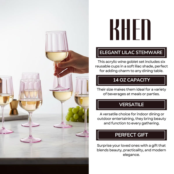 Khen Acrylic Lucia Stemmed Goblets - Unbreakable Wine Glasses Reusable Drinking Cups Dishwasher Safe Elegant Stemware for Cocktail Champagne | Kitchen Bar Party | Set of 6 |14oz | Lilac