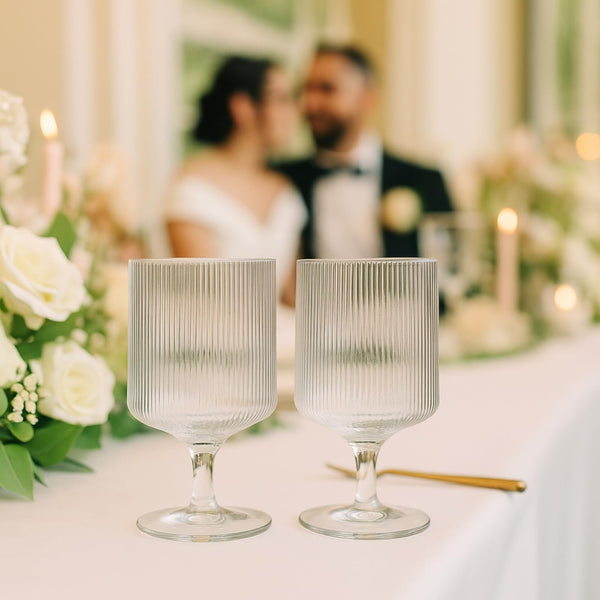 Khen Textured Clear Glass Ribbed Modern Elegant Wine Goblets for Red White Rosé Beverages | Set of 2 | Tall Ripple Stemware Drinkware Cups | Minimalist Durable Aesthetic Table Kitchen Bar Party Use