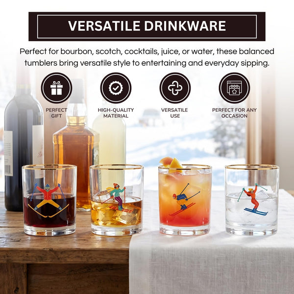 Skiers Glass Set, 4 Piece 13.7 oz 4.06 in Multicolor Clear Gold