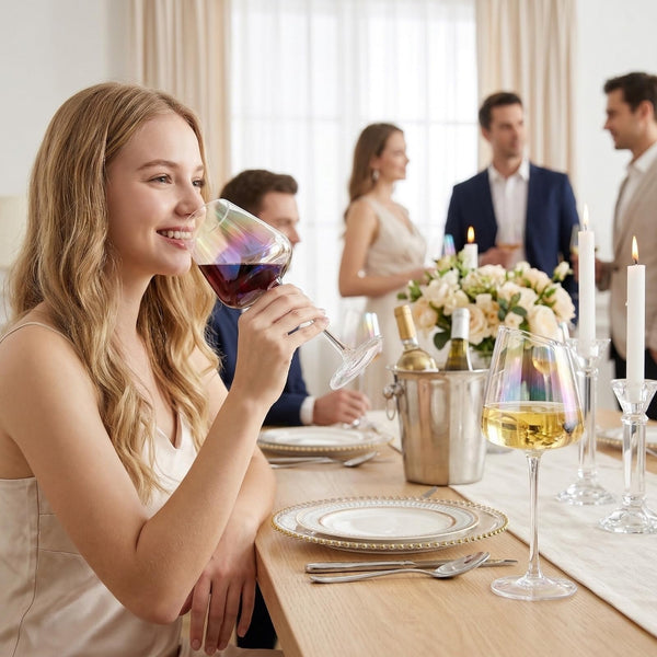 Slanted Iridescent Wine Glass, Clear Glass Angled Rainbow