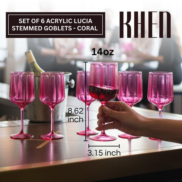 Khen Acrylic Lucia Stemmed Goblets - Unbreakable Wine Glasses Reusable Drinking Cups Dishwasher Safe Elegant Stemware for Cocktail Champagne | Kitchen Bar Party | Set of 6 |14oz | Coral