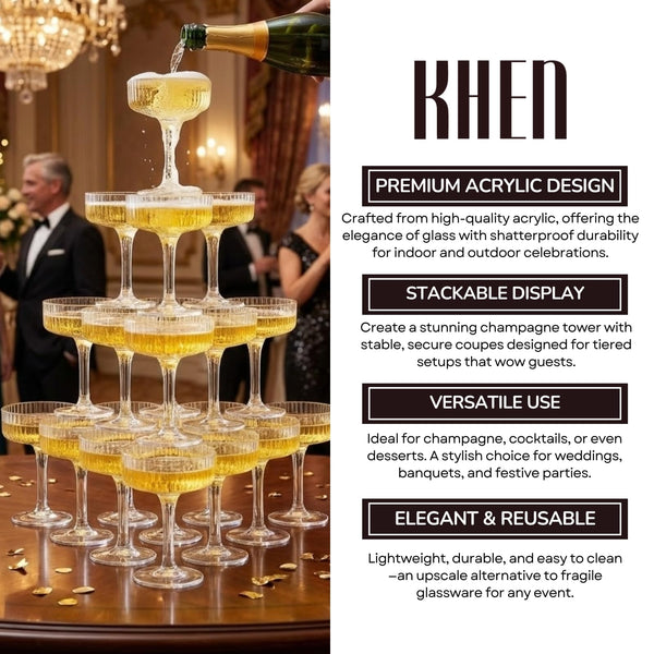 Premium ACRYLIC Champagne Tower Kit | 21 Stackable 7 oz Plastic Coupe Flutes | Reusable & Shatterproof Clear Plastic Glasses for Wedding Receptions, Birthday Parties, and Special Events, Clear Tall